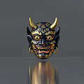 Intricate Black And Gold Traditional Mask Featuring Horns Large Eyes Fangs And Earrings