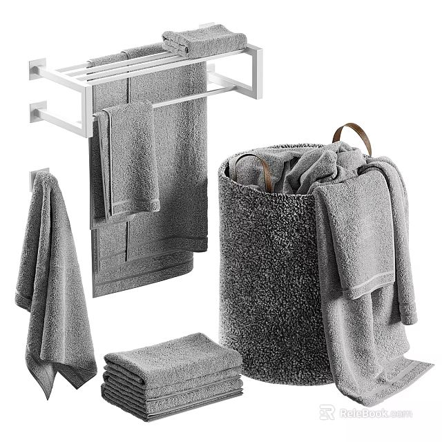 Laundry Essentials Gray Towels With Woven Laundry Basket And Wall Mounted Towel Rack 3d model 
