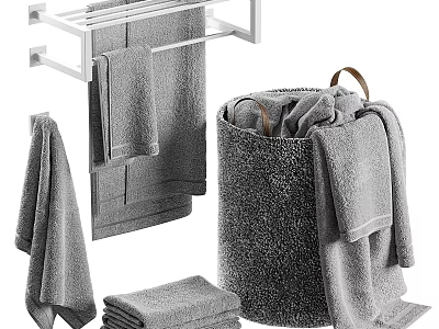Laundry Essentials Gray Towels With Woven Laundry Basket And Wall Mounted Towel Rack 3d model