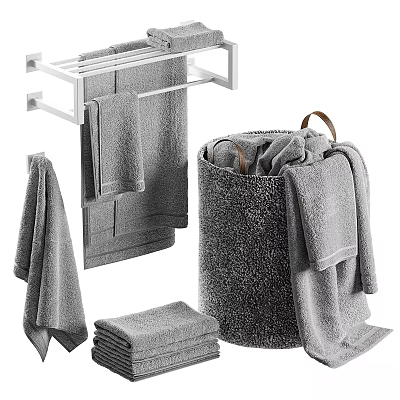 Laundry Essentials Gray Towels With Woven Laundry Basket And Wall Mounted Towel Rack 3d model