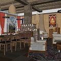 Rustic Mountain View Restaurant Interior With Wooden Tables Fireplace And Buddha Decor