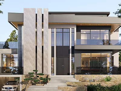 Modern Detached Villa Exterior Design With Large Windows Balcony And Green Plants 3d model