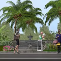 Scenic Tropical Garden Landscape With Palm Trees Fountain Flowers Balloons And Walking People