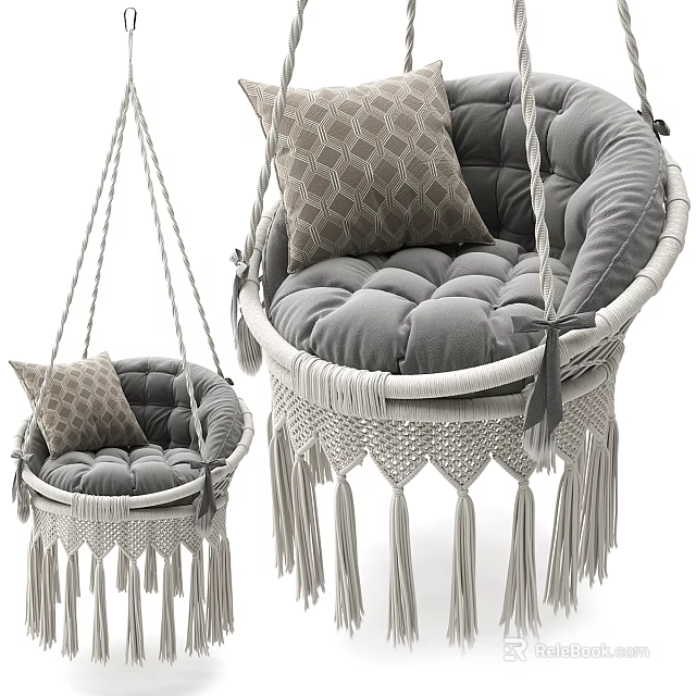 Woven Hanging Sofa Set with Gray Cushions Pillows and Tassel Decor 3d model 