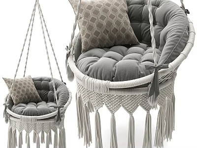 Woven Hanging Sofa Set with Gray Cushions Pillows and Tassel Decor 3d model