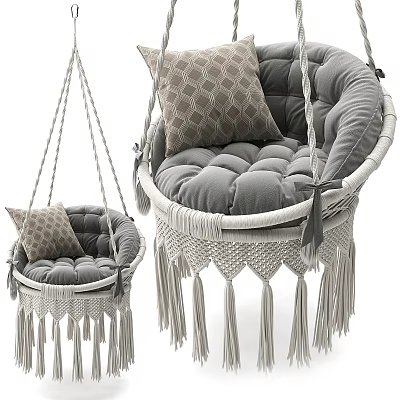 Woven Hanging Sofa Set with Gray Cushions Pillows and Tassel Decor 3d model