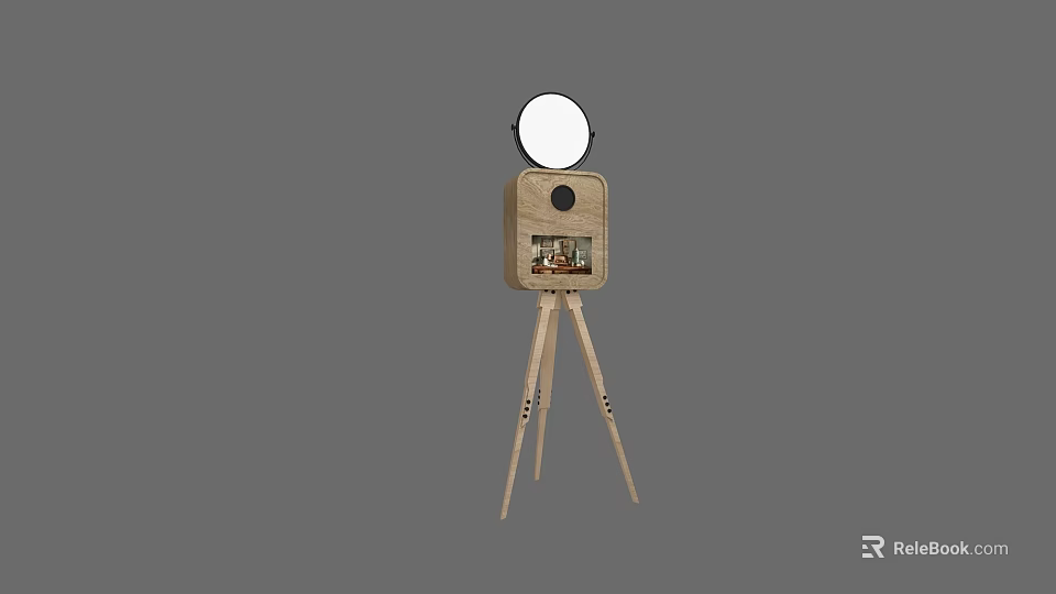 Functional Wooden Tripod Stand With Round Mirror And Storage Compartment 3d model 