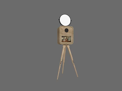 Functional Wooden Tripod Stand With Round Mirror And Storage Compartment 3d model
