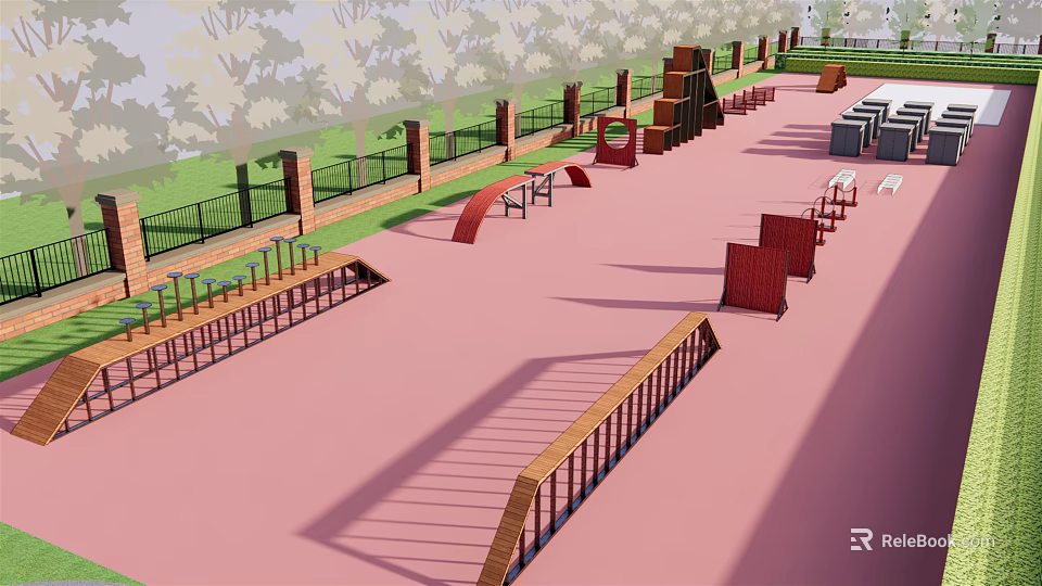 Outdoor Playground Area With Pink Floor Colorful Structures Green Fence And Trees 3d model 
