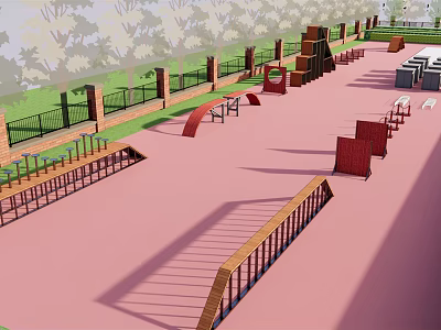 Outdoor Playground Area With Pink Floor Colorful Structures Green Fence And Trees 3d model