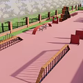 Outdoor Playground Area With Pink Floor Colorful Structures Green Fence And Trees