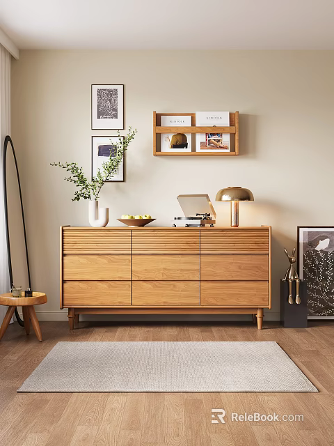 Modern Wooden Entryway Console Cabinet With Decorative Wall Shelf Green Plant And Table Lamp 3d model 