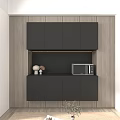 Modern Style Sideboard Cabinet With Black Doors Wooden Panels Open Shelf Microwave And Decorative Items
