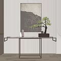 Elegant Console Table With Mountain Painting Bonsai Tree And Ceramic Vase On Striped Wall