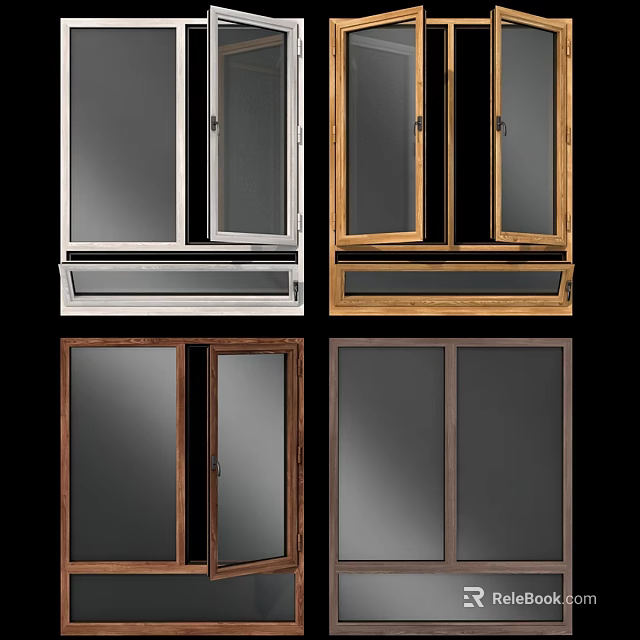 Modern Casement Windows with Wooden Metal Frames and Double Glass Panels 3d model 