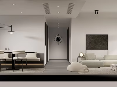Modern Living Dining Room Interior With Sofa Table Chairs Wall Clock And Decorative Art 3d model