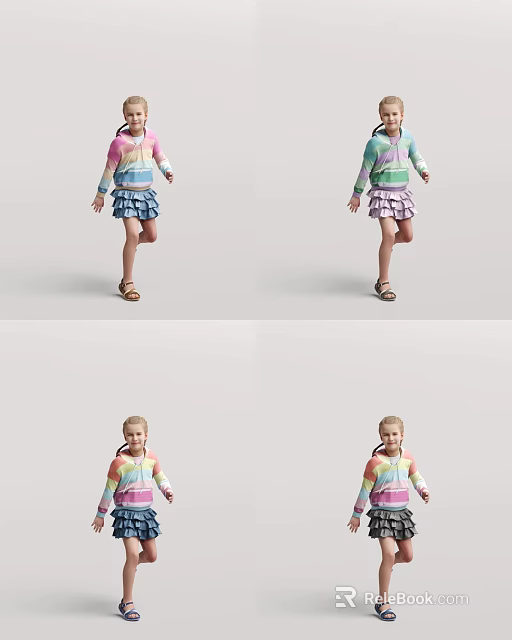 Cute Little Girl In Vibrant Striped Dress With Pigtails Walking Pose 3d model 