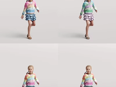 Cute Little Girl In Vibrant Striped Dress With Pigtails Walking Pose 3d model