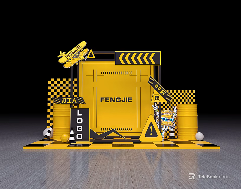 Vibrant Yellow Display Setup With FENGJIE Warning Signs Oil Drums And Airplane Model 3d model 