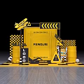 Vibrant Yellow Display Setup With FENGJIE Warning Signs Oil Drums And Airplane Model