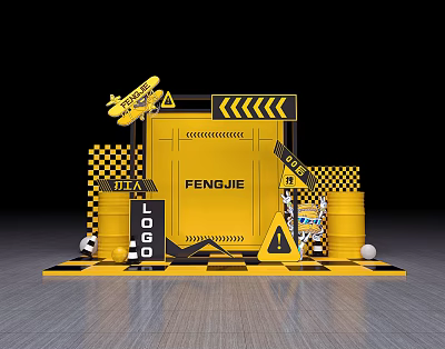 Vibrant Yellow Display Setup With FENGJIE Warning Signs Oil Drums And Airplane Model 3d model
