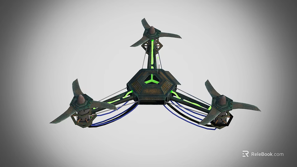 Advanced Drone Equipment With Three Propellers Green Lights Blue Cables And Hexagonal Structure 3d model 
