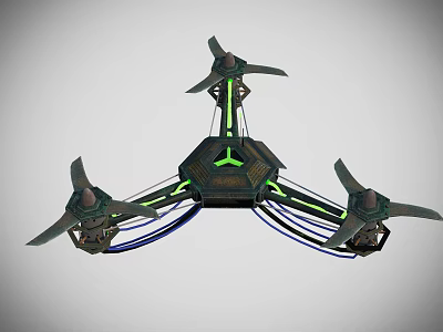 Advanced Drone Equipment With Three Propellers Green Lights Blue Cables And Hexagonal Structure 3d model
