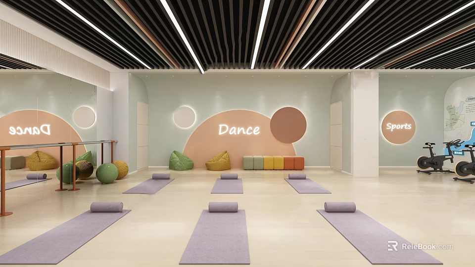 Modern Fitness Dance Studio Interior With Yoga Mats Bean Bags And Sports Signs 3d model 