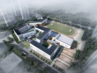 Modern School Campus Building With Classroom Structures Sports Field Greenery And Surrounding Trees 3d model