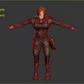 Female Character In Camouflage Uniform With Red Hair Headphones Backpack Arms Outstretched Gray Background