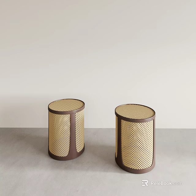 Modern Minimalist Cylindrical Stools With Dark Brown Frame And Light Beige Woven Surface 3d model 