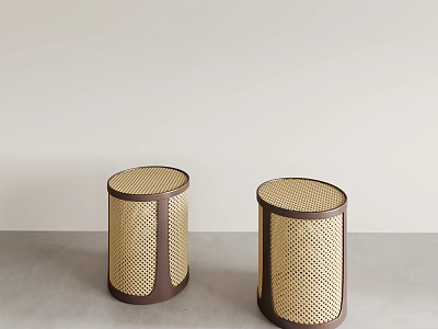 Modern Minimalist Cylindrical Stools With Dark Brown Frame And Light Beige Woven Surface 3d model