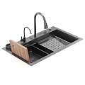 Stainless Steel Kitchen Sink With Double Bowl Wooden Cutting Board And Faucet Drainage Rack