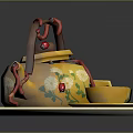 Yellow Teapot With Red Decorations And Floral Patterns On White Tray With Green Leaf Bowls