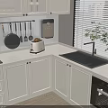 Modern Kitchen Interior With White Cabinets Light Countertop Sink Hanging Cookware And Plant