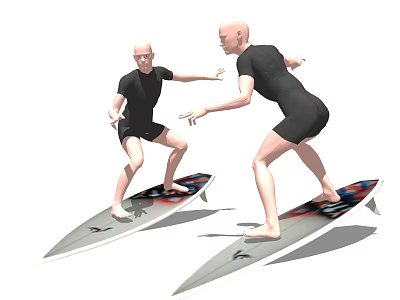 Two Men In Black Wetsuits Practicing Surfing On Colorful Surfboards With Dynamic Poses 3d model