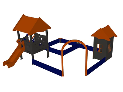 Playground Equipment With Orange Roof Playhouses Slide And Blue Arched Connecting Parts 3d model