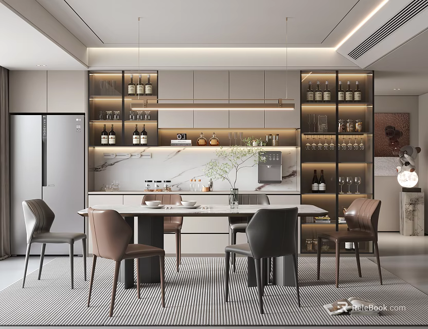 Elegant Modern Restaurant Interior With Dining Table Chairs And Wine Storage Cabinets 3d model 