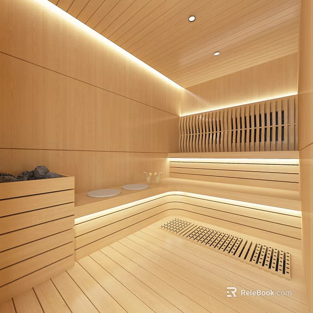 Modern Wooden Sauna Interior Design With Benches Wooden Flooring And Sauna Stones 3d model 