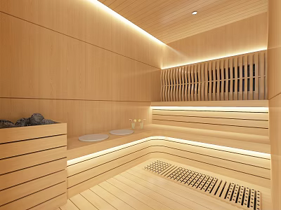 Modern Wooden Sauna Interior Design With Benches Wooden Flooring And Sauna Stones 3d model