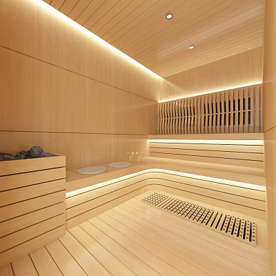 Modern Wooden Sauna Interior Design With Benches Wooden Flooring And Sauna Stones 3d model