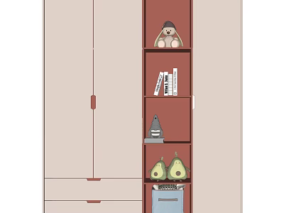 Modern Wardrobe With Beige Doors Brown Open Shelves Books Decorative Items And Storage Box 3d model