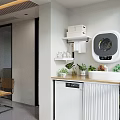 Modern Home Balcony With Washing Machine Sink Plants Shelves And City River View