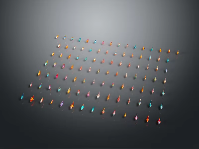 Colorful Small Fireflies Neatly Arranged In Grid Formation On Dark Background 3d model