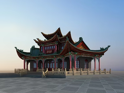 Ancient Chinese Architecture with Curved Eaves Red Green Roofs Red Pillars and Stone Railings 3d model