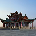 Ancient Chinese Architecture with Curved Eaves Red Green Roofs Red Pillars and Stone Railings
