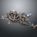 Natural Pile of Twigs with Stones and Dead Leaves on Dark Background