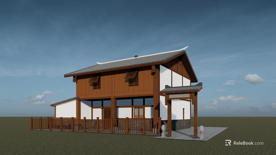 Traditional Chinese Homestay Building Wooden Structure White Walls Gray Roof Eaves Front Porch And Fence 3d model 