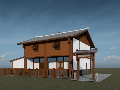 Traditional Chinese Homestay Building Wooden Structure White Walls Gray Roof Eaves Front Porch And Fence 3d model