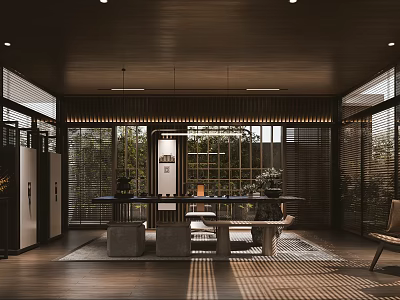 Modern Tea House Interior With Wooden Elements And Natural Light 3d model
